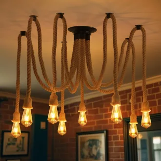   Lampă suspendată din cânepă ANWIO, candelabru tip păianjen cu 8 becuri, lampă de tavan retro, E27