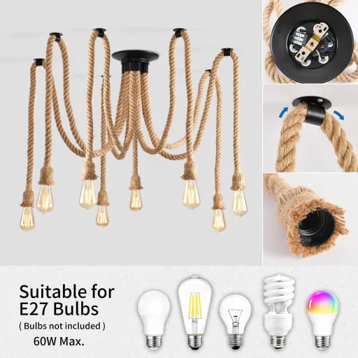 Lampă suspendată din cânepă ANWIO, candelabru tip păianjen cu 8 becuri, lampă de tavan retro, E27