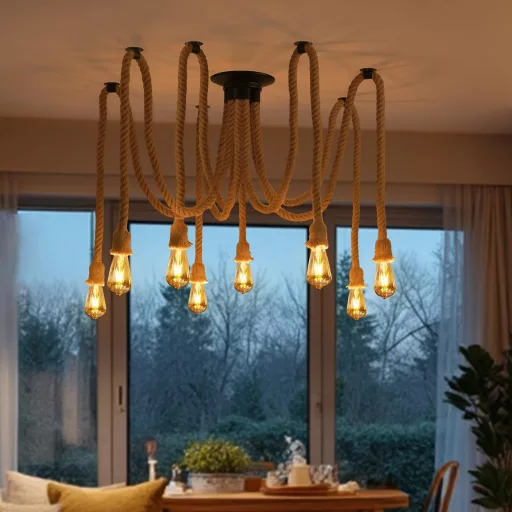 Lampă suspendată din cânepă ANWIO, candelabru tip păianjen cu 8 becuri, lampă de tavan retro, E27