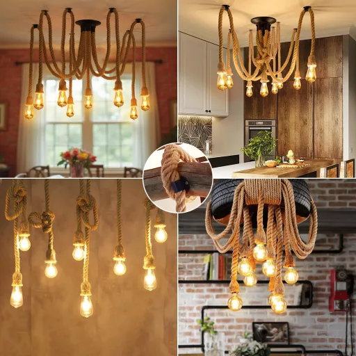 Lampă suspendată din cânepă ANWIO, candelabru tip păianjen cu 8 becuri, lampă de tavan retro, E27