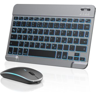   TECURS Bluetooth Billentyűzet és Egér Szett iPad iPhone-hoz QWERTZ Német Elrendezés Vezeték Nélküli Újratölthető Szürke