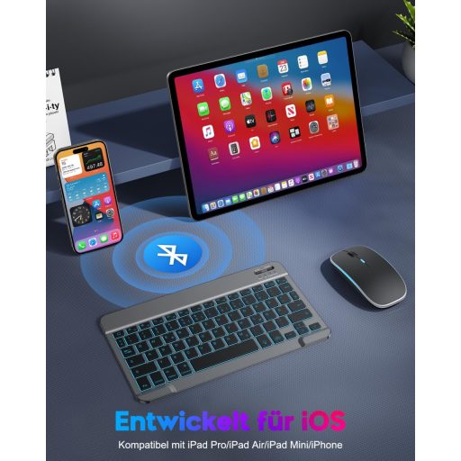 TECURS Bluetooth Billentyűzet és Egér Szett iPad iPhone-hoz QWERTZ Német Elrendezés Vezeték Nélküli Újratölthető Szürke