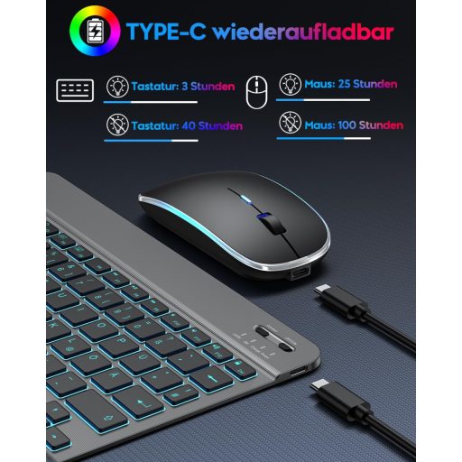 Set tastatură și mouse Bluetooth TECURS pentru iPad și iPhone, layout german QWERTZ, wireless, reîncărcabil, gri