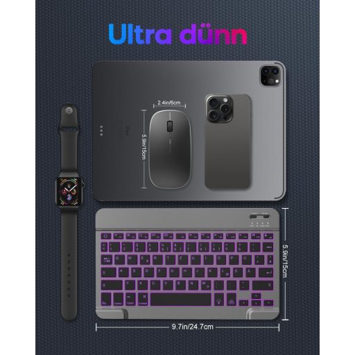 Set tastatură și mouse Bluetooth TECURS pentru iPad și iPhone, layout german QWERTZ, wireless, reîncărcabil, gri