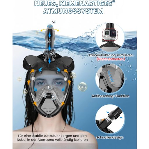 Mască de snorkeling integrală BOOSTEADY cu protecție solară, sistem uscat și funcție de conversație