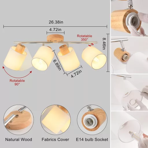 SANSHI LED Mennyezeti Lámpa 4 Izzós Fa Spotlámpa 350° Forgatható E14