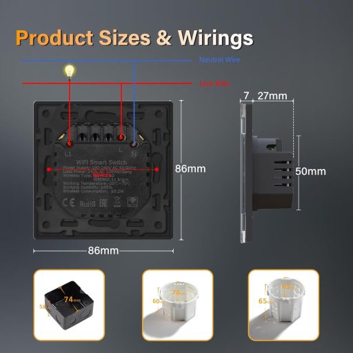 BSEED întrerupător inteligent WiFi compatibil cu Google Home Alexa, 86mm, alb, 2 buc