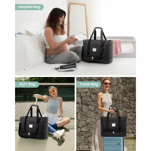 LOVEVOOK Geantă de călătorie pentru femei - Geantă de weekend impermeabilă cu compartiment pentru pantofi, dimensiune bagaj de mână Ryanair, pentru sală, maternitate, saună, neagră