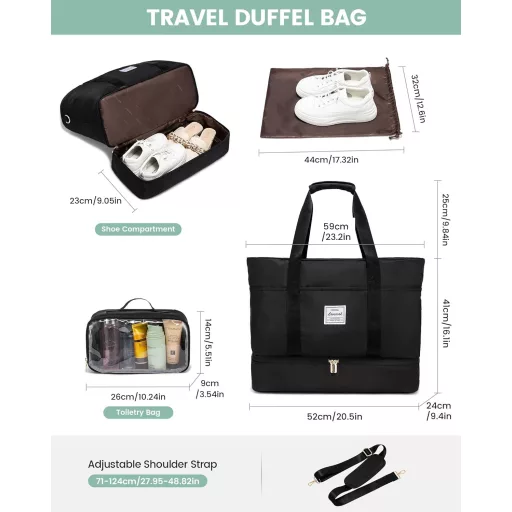 LOVEVOOK Geantă de călătorie pentru femei - Geantă de weekend impermeabilă cu compartiment pentru pantofi, dimensiune bagaj de mână Ryanair, pentru sală, maternitate, saună, neagră