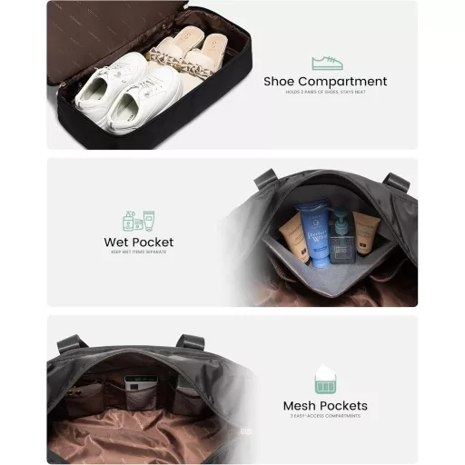 LOVEVOOK Geantă de călătorie pentru femei - Geantă de weekend impermeabilă cu compartiment pentru pantofi, dimensiune bagaj de mână Ryanair, pentru sală, maternitate, saună, neagră