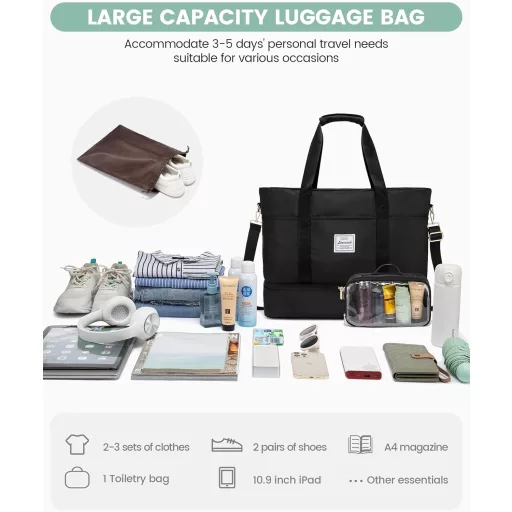 LOVEVOOK Geantă de călătorie pentru femei - Geantă de weekend impermeabilă cu compartiment pentru pantofi, dimensiune bagaj de mână Ryanair, pentru sală, maternitate, saună, neagră