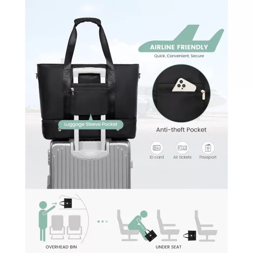 LOVEVOOK Geantă de călătorie pentru femei - Geantă de weekend impermeabilă cu compartiment pentru pantofi, dimensiune bagaj de mână Ryanair, pentru sală, maternitate, saună, neagră