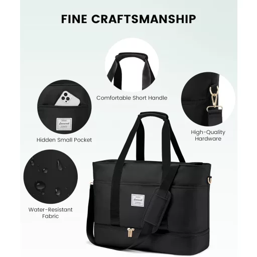 LOVEVOOK Utazótáska Nőknek - Vízálló Hétvégi Táska Cipőtartóval, Ryanair Kézipoggyász Méretű, Edzőterem, Szülészet, Szauna Használatra, Feke