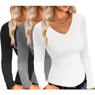   Ekouaer 3 db női hosszú ujjú V nyakú bordázott slim fit alap felső M-es