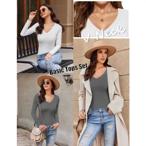 Ekouaer 3 db női hosszú ujjú V nyakú bordázott slim fit alap felső M-es
