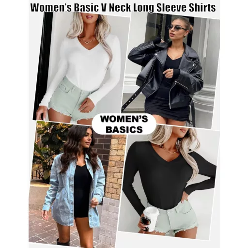 Ekouaer set 3 bluze de damă cu mânecă lungă, decolteu în V, slim fit, mărimea M, cu textură reiată.