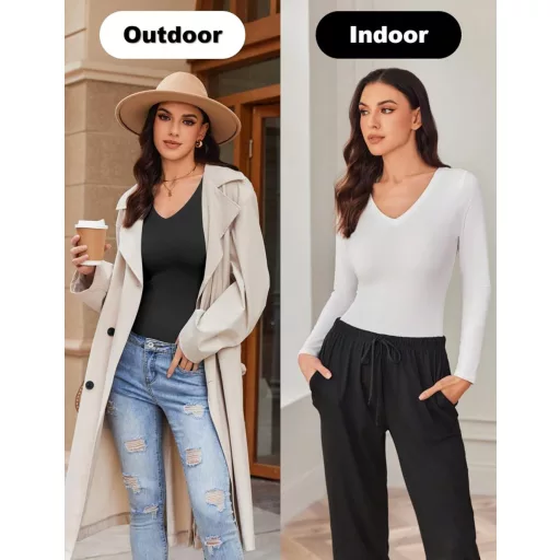 Ekouaer set 3 bluze de damă cu mânecă lungă, decolteu în V, slim fit, mărimea M, cu textură reiată.