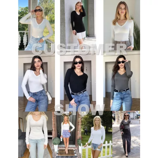 Ekouaer 3 db női hosszú ujjú V nyakú bordázott slim fit alap felső M-es