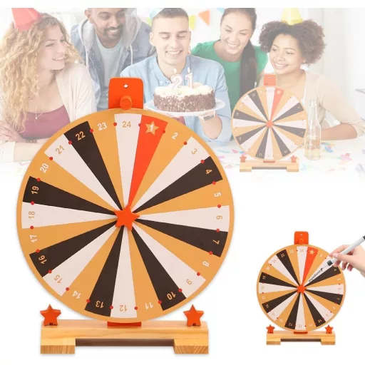 WDKXCN 37 cm-es Szerencsekerék 24 Rekesszel - Forgatható Játék Táblával és Filctollal - Fa Nyereménykerék Karneválokra, Partikra, Szójátékok