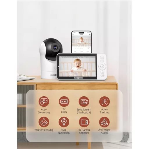 PARIS RHÔNE 2K Baby monitor s kamerom, 5" zaslonom, PTZ praćenjem i noćnim svjetlom
