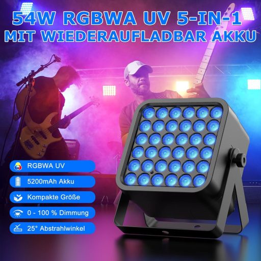 Starlitflow 54W RGBWA UV LED Par reflektor s batériou a diaľkovým ovládaním, disko párty svetlo