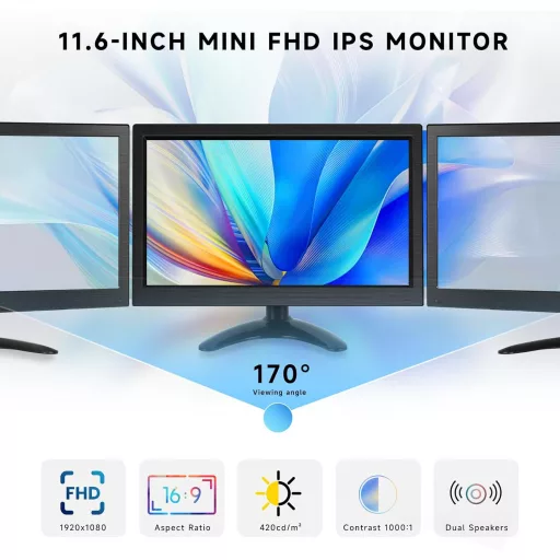 podofo 11,6" Hordozható Monitor 1920x1080 Full HD IPS Kijelző - HDMI/VGA/BNC/AV Csatlakozás, Beépített Hangszóró, PC/Raspberry Pi Kompatibil