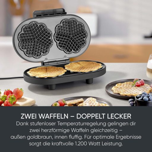 SEVERIN Duo gofrisütő szív alakú gofrihoz, 1200W, PFAS-mentes bevonat, matt fekete