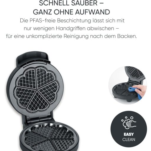 SEVERIN szív alakú gofrisütő PFAS-mentes bevonattal, 1000W, fekete/rozsdamentes acél