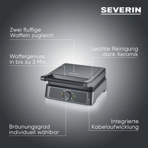 SEVERIN WA 2130 négyzet alakú gofrisütő kerámia bevonattal, 1600W, fekete-rozsdamentes acél