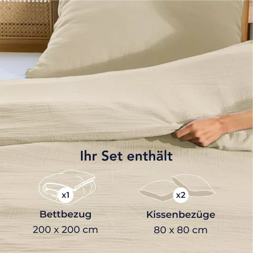 Bavlnené obliečky Dreamzie 200x200 cm so zipsom, s 2 obliečkami na vankúš, béžové