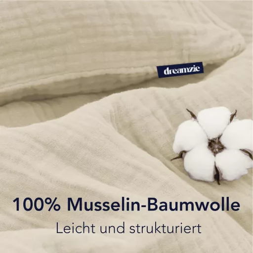 Lenjerie de pat Dreamzie din bumbac 200x200 cm cu fermoar, 2 fețe de pernă, bej