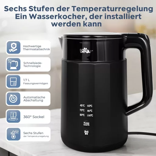 Bear 1.7L Elektromos Vízforraló 6 Hőmérséklet Beállítás Rozsdamentes Acél