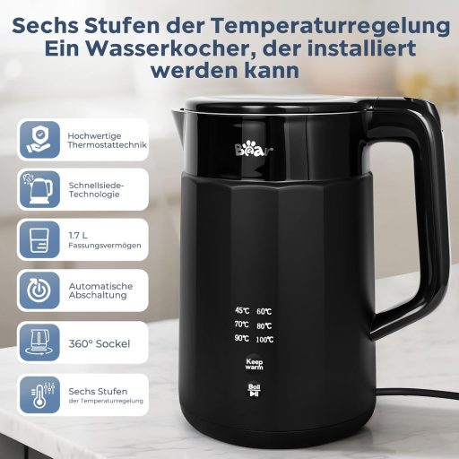 Bear 1.7L Elektromos Vízforraló 6 Hőmérséklet Beállítás Rozsdamentes Acél