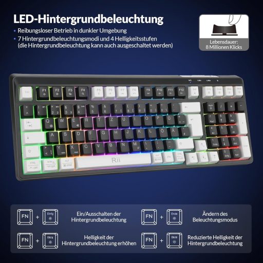 Rii Wireless Gaming Billentyűzet és Egér Szett, Bluetooth 2.4GHz, LED Háttérvilágítás