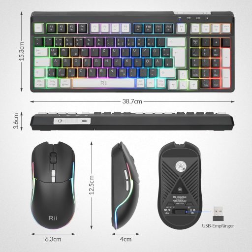 Rii Wireless Gaming Billentyűzet és Egér Szett, Bluetooth 2.4GHz, LED Háttérvilágítás