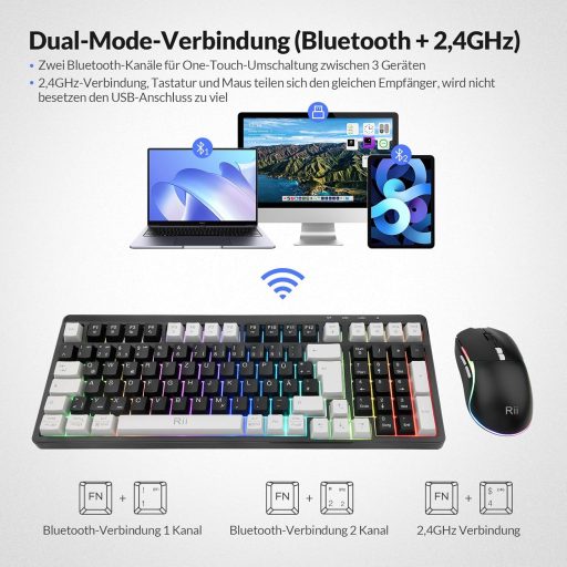 Set tastatură și mouse wireless pentru gaming Rii, Bluetooth 2.4GHz, iluminare LED