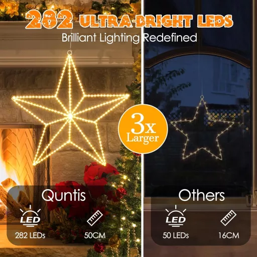 Quntis 50 cm 282 LED Karácsony Csillag Dekoráció, Meleg Fehér, Összecsukható