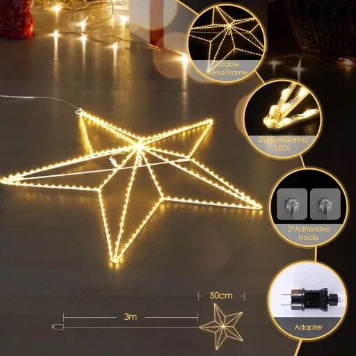Quntis 50 cm 282 LED Karácsony Csillag Dekoráció, Meleg Fehér, Összecsukható