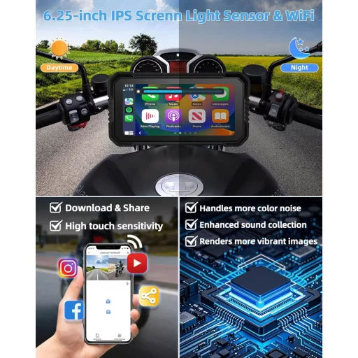 Jansite 4K Motorkerékpár CarPlay Autórádió Fedélzeti Kamera 6,25" GPS Érintőképernyő IP67