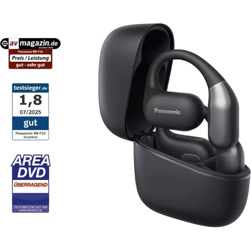 Bezdrôtové slúchadlá Panasonic RB-F10DE-K s otvorenou konštrukciou, Bluetooth 5.4, 25-hodinovou výdržou prehrávania a stupňom krytia IPX4 pre športové využitie