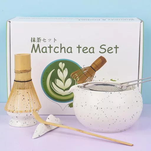 Nideen Matcha szett fehér keramia tálka, kefe, kanál és tartó