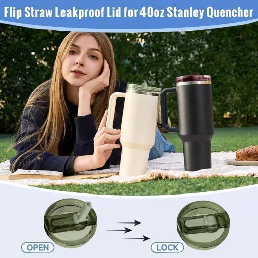 HEYIDAMAI Stanley Pohár Fedél Szett - 2 db Csere Fedél 40 oz Poharakhoz 2 Szívószállal, Zöld, Újrahasználható, Szivárgásmentes