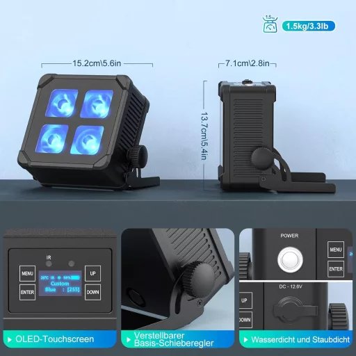 U'King 4x10W LED Party Lampă, 1 bucată, Acumulator, Rezistentă la Apă IP65, RGBWA UV, Lumină Colorată Distractivă cu Telecomandă