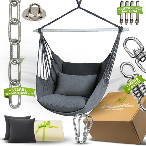 ALTLIEBENEU függőfotel 150 kg teherbírás, 360° forgatható, UV-álló, vízálló, 2 párnával és takaróval