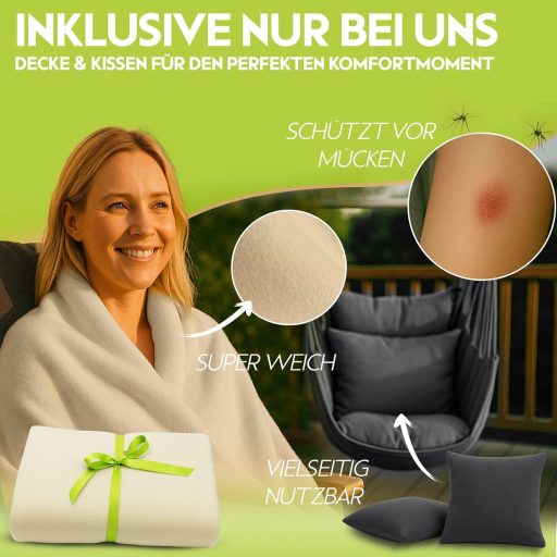 ALTLIEBENEU függőfotel 150 kg teherbírás, 360° forgatható, UV-álló, vízálló, 2 párnával és takaróval