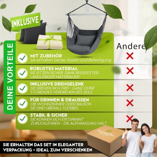 ALTLIEBENEU függőfotel 150 kg teherbírás, 360° forgatható, UV-álló, vízálló, 2 párnával és takaróval