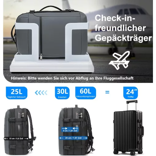 ibeacos 60L Vákuum Hátizsák Bővíthető, TSA Zárral és Vákuumpumpával, Vízálló Laptop Hátizsák 17,3" - Gray