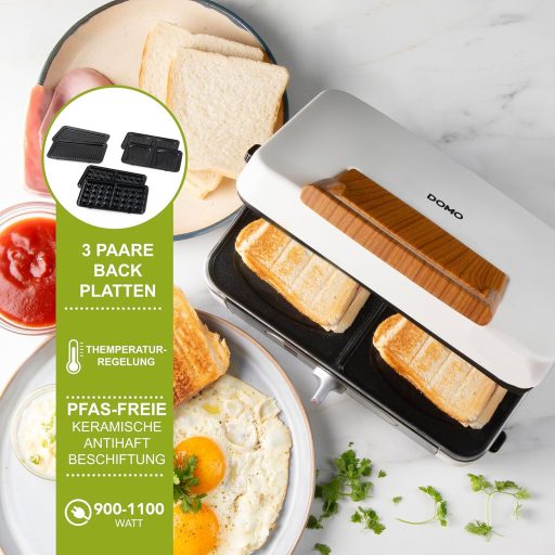 DOMO DO9277C 3az1-ben Szendvics Maker Gofrisütő Kontakt Grill 1100W Fehér