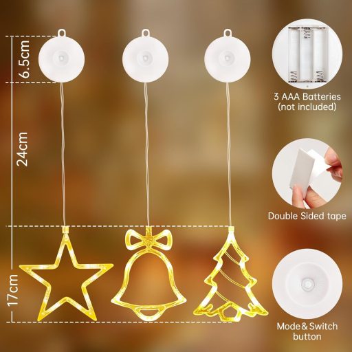 Aourow 3 féle beltéri karácsonyfa dekoráció, 10 LED meleg fehér fényfüzér, elemmel működő ablakdísz