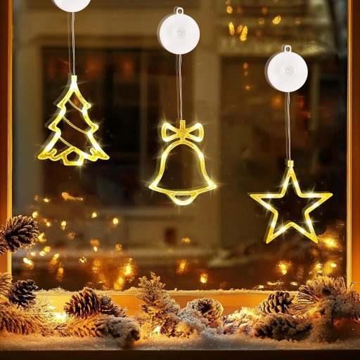 Aourow 3 féle beltéri karácsonyfa dekoráció, 10 LED meleg fehér fényfüzér, elemmel működő ablakdísz